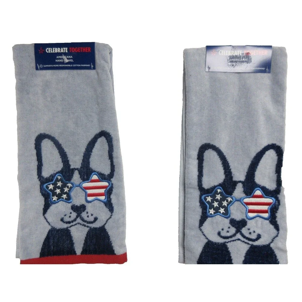 Set of 2 Americana Patriotic Dog Hand Towels Boston Terrier Stars & Stripes Kitc
